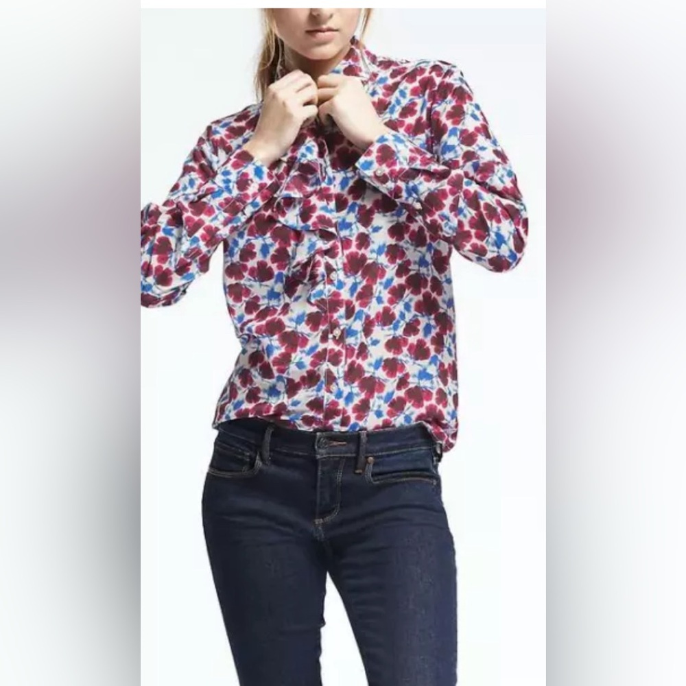 Banana Republic Dillon-Fit Ruffle Front Floral Blouse Multi Color Sz S